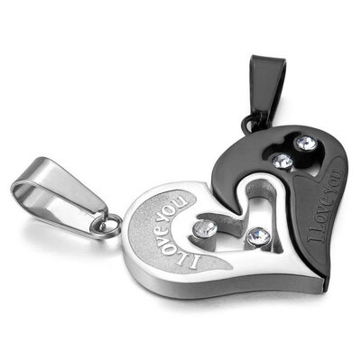 

Hpolw MenWomens 2 PCS Stainless Steel Pendant Necklace CZ Black Silver Heart Valentine -with 20&23 inch Chain