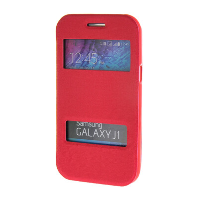 

MOONCASE Сторона Флип жесткий борт тонкий кожаный кронштейн Окно чехол для Samsung Galaxy J1 ярко-розовый