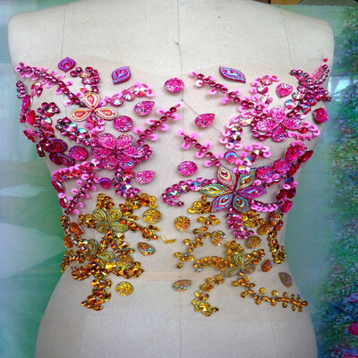 

Handmade pinkgolden crystal patches sew on Rhinestones applique with stones sequins beads 31x27cm for dress