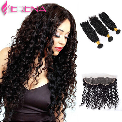 

Human Hair Wefts 13x4 frontal With Bundles Ear To Ear Peruvian Deep Wave Unprocessed Natural Hair Weave 4 Bundles With Frontal With Bundles