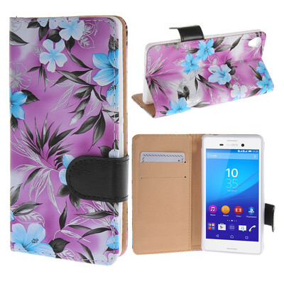 

MOONCASE Sony Xperia M4 ЧЕХОЛ ДЛЯ Flower Style Leather Flip Wallet Card Slot Bracket Back Purple