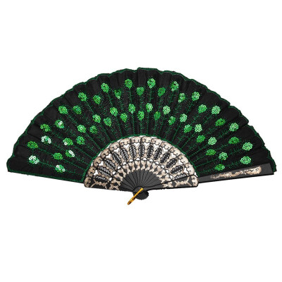 

UpperX Beautiful Ladys Silk Hand Fan with Green Sequins