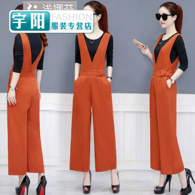 

Strap wide pants suit female quarter waist professional black jumpsuit loose casual pants