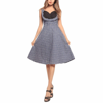 

BOFUTE New Europe America Womens Dresses Tube Top Contrast Color Printing V-Neck Hepburn Big Pendulum Dress A0016