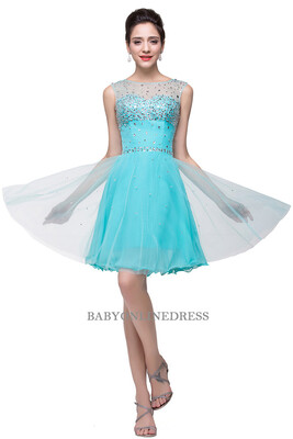 

2018 A-line Sleeveless Crew Short Tulle Prom Dresses with Crystal Beads