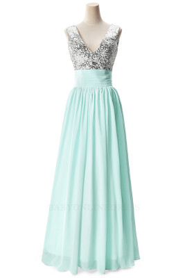 

V Neck Sequined Chiffon Long Prom Dresses Sleeveless Formal Party Evening Bridesmaid Dresses