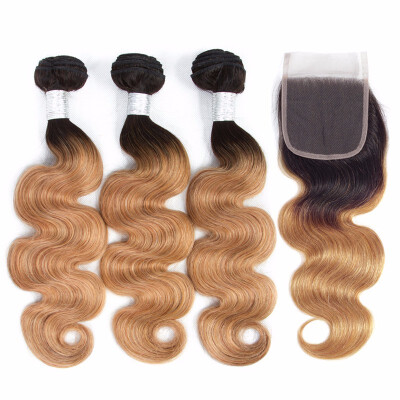 

HCDIVA Virgin Ombre Hair Bundle with Closure Brazilian Body Wave 2 Tone T1b27 Dark Roots Blonde Ombre 3 Bundle with Closure