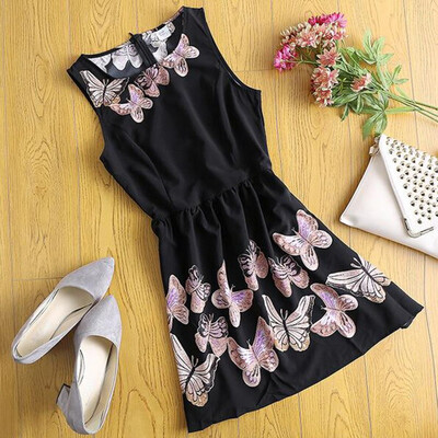 

Lovaru ™2015 new sexy summer style fashion round neck sleeveless waist big swing dress Butterfly Print women's dresses sundress