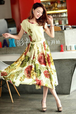 

New Summer Elegant Bohemian Style Short Sleeve Chiffon Dress Casual MLXLXXL