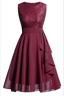 

Womens Vintage Sleeveless Ruffles Belt Floral Lace Bridesmaid Chiffon Dress Homecoming Dress