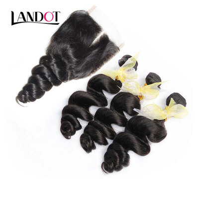 

8A Malaysian Loose Wave Virgin Hair With Closure 4PcsLot Malaysian Loose Curly Wavy Human Hair Weaves 3 Bundles And Lace Closures