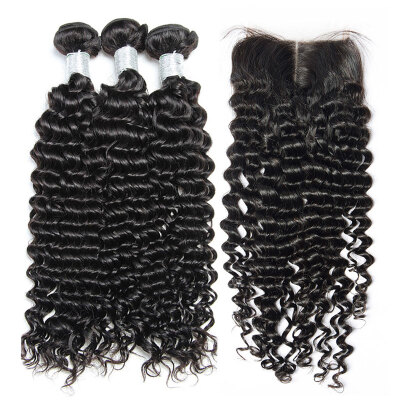 

8A Brazilian Curly Virgin Hair With Closure 4 Pcs Lot Brazilian Remy Human Hair Weave 3 Bundles And Lace Closures Natural Black 1B