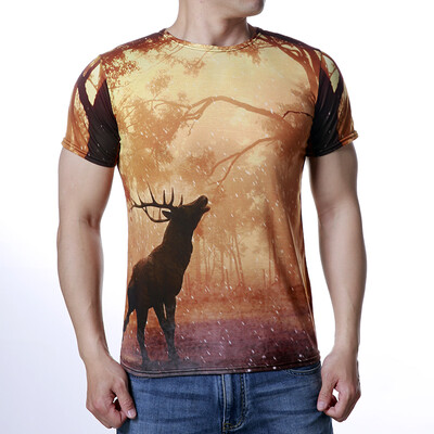 

Mens O-neck Tops Elk Forest Print Pullover T-Shirts