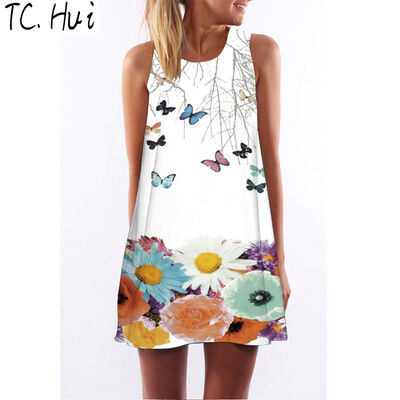 

2018 new trend fashion digital printing round neck strapless dress