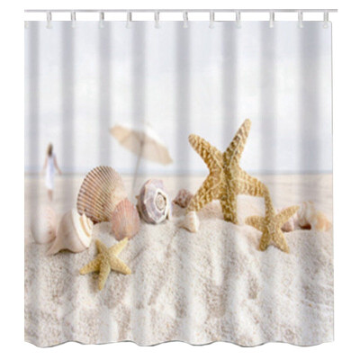 

UpperX Fabric Waterproof Bathroom Shower Curtain Panel Sheer Decor With Hooks SetSand starfish shells