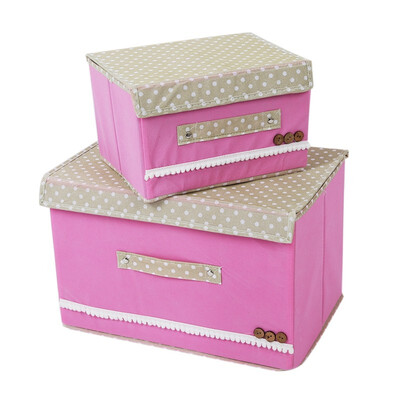 

UpperX Fabric Cloth Lace Art StorageOrganizer BoxGlove CompartmentClothes Box With Wooden Button StyleLargeSmall-Pink