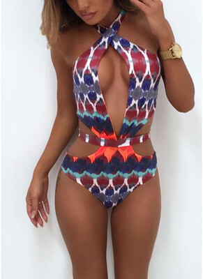 

2018 Women One Piece Printed Swimsuit Swimwear Plunge Bathing Suit Backless Beachwear Monokini