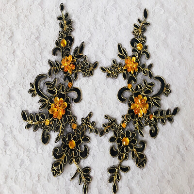 

Ручная черная сшитая на хрустальных патчах пайетками Rhinestones кружевная аппликация 23 * 10 см для верхней юбки платья