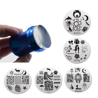 

1 Metal Blue Nail Art Stamper Scraper Set 10 Round Egyptian Pharaoh Design Nail Stamp Template Image Plate Manicure Stencils