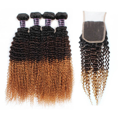 

Ishow Best Quality 8A Kinky Curly Ombre Human Hair 3Bundles With Lace Closure More Popular Hair