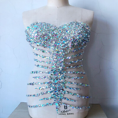 

hand made clear AB colour sew on Rhinestones applique on mesh crystal patches trim 5538cm for dress back