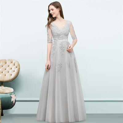 

Bridesmaid A-line V-neck Half Sleeves Gray Lace Evening Dresses Sexy Backless Applique Long Prom Dresses