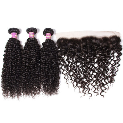 

Unice Hair Peruvian Curly Hair Weave Bundles With Pre Plucked Lace Frontal 4 PCS Remy Hair Weave Free Part Human Hair Extension