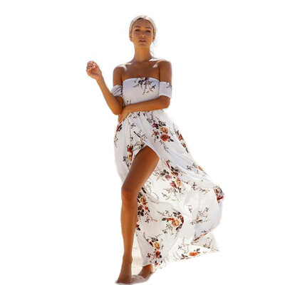

Боо Стиль Длинные платья женщин с плеча Beach Summer Dress Цветочные печати Vintage шифон Maxi платье
