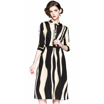 

2018 New Spring Office Lady A-Line Sashes Striped Turn-down Collar Polyester Dress