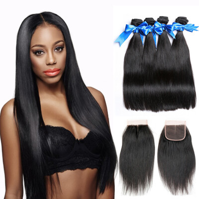 

WYF Малайзийские волосы Virgin Hair Straight Hair 4 с закрытыми необработанными человеческими волосами