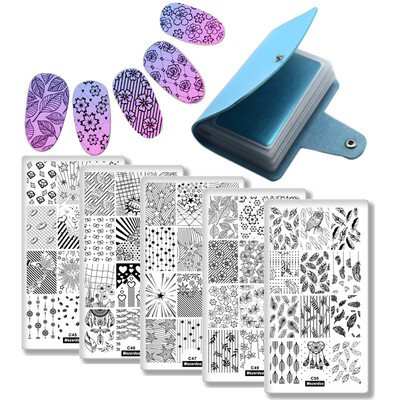 

Feather Nail Stamping Plates Set 5Pcs Nail Stamping Plates1Pc Blue 20slots Nail Plate Holder Flower Love Pattern Stamping Kits