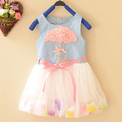 

Baby Kids Children Girl's Wear Sleeveless Umbrella Printed Petals Decoration Button Dress