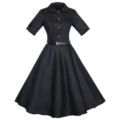 

Solid Color Sleeveless Lapel Buttons Retro Waist Dress