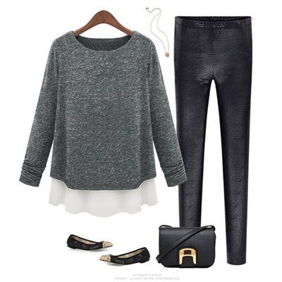 

New fashion women Contrast Long Sleeve Two Layer Tiered Knit with Chiffon Top Blouse MLXL