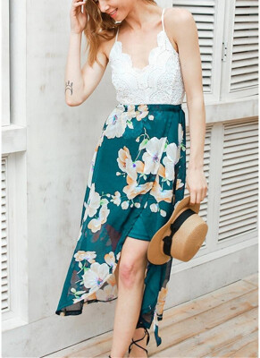 

Crochet Lace Floral Chiffon Spaghetti Strap Cross Over Sleeveless Backless One-Piece Dress Homecoming Dress