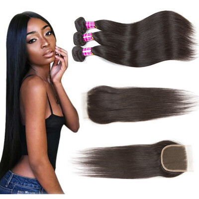 

Glary Mongolian Virgin Hair Bundles with Closure Straight with Closure Human Hair with Closure Free Part Natural Color
