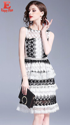 

M L XL elegant new summer 2018 women lace dress sleeveless black&white bandage pencil office lady knee length ruffles