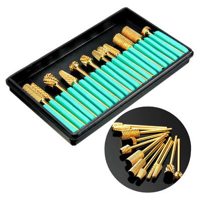 

12Pcs Pro Gold покрытием из карбида Электрические ногтей сверла Шлифовальные головки комплект