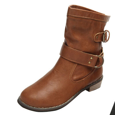 

Women Lady Retro Martin Boots Buckle Mid Calf Chunky Low Heel Round Ankle Shoe