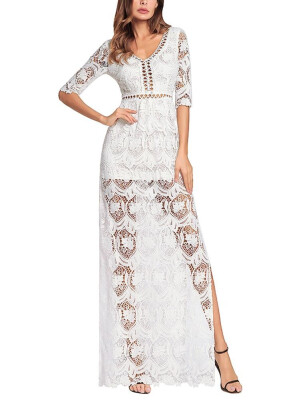 

2018 Hollow Out Crochet V Neck Half Sleeve Thigh Slit Maxi Dress