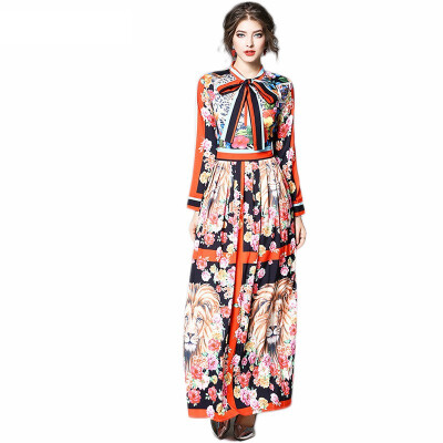 

2018 Fashionable Tide Print Long Sleeve Bow Neck A-line Vintage Spring boho Maxi Long Sleeve Dress