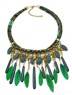 

Idealway New Fashion Handmade 3 Colors Grey Green Blue Double Rope Chains Alloy Leaves Feather Resin Beads Bar Tassel Choker Bib Necklaces