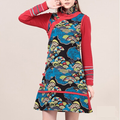 

Lovaru ™Новый +2015 моды национального ветра осенние дамы хлопок платье Cheongsam воротник платье жилет для печати