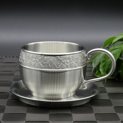 

Oriental Pewter - Pewter Coffee Cup with Tin Saucer Hand Carved Beautiful Embossed CCP Pure Tin 97 Lead-Free Handmade in Thailand