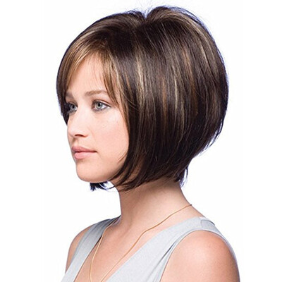 

QianBaiHui Short Bob Wig for White Women Mixed Dark Brown Heat Resistant Synthetic Hair Wig with Bangs 1 Wig Cap