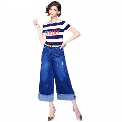 

2018 Women Clothing New Two Piece Spring Striped T-Shirt Ankle Length Denim Wide Leg Pants Sets Female