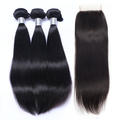 

8A Peruvian Virgin Hair Straight With Closure 3 Bundles Peruvian Remy Human Hair Weaves And Lace Closures 4 Pcs Lot Natural Black