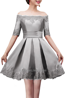 

A-line Off-shoulder Half Sleeves Short Lace Appliques Prom Dresses