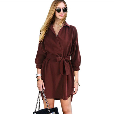 

Ladies loose lapel shirt Long sleeve lacing Dress Shirt dress