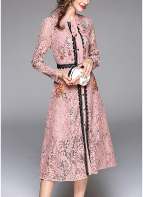 

Women Elegant Lace Dress Tie Neck Long Sleeve Vintage Party Dress Homecoming Dress